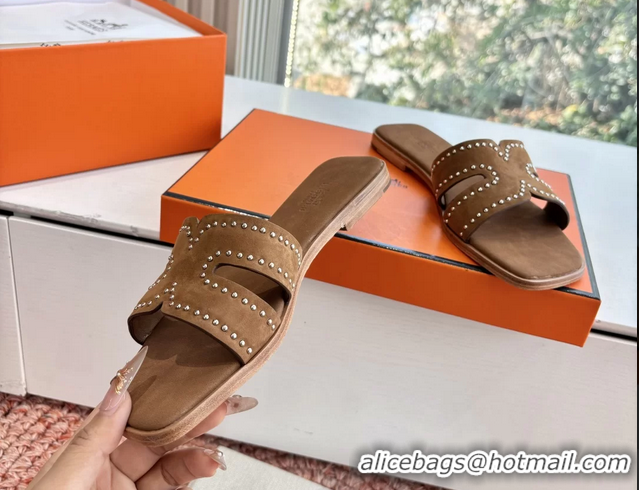 Feminine Hermes Oran Studded Flat Slides Sandals Brown Suede Leather 6052706
