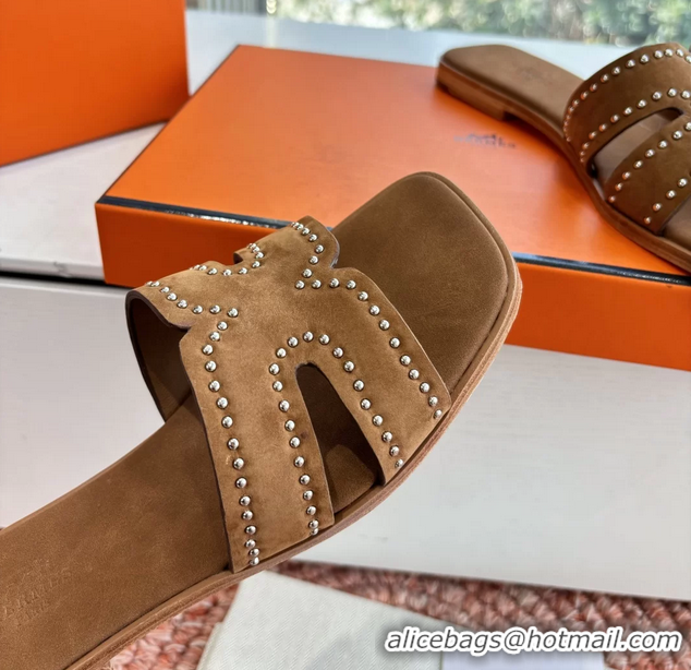 Feminine Hermes Oran Studded Flat Slides Sandals Brown Suede Leather 6052706