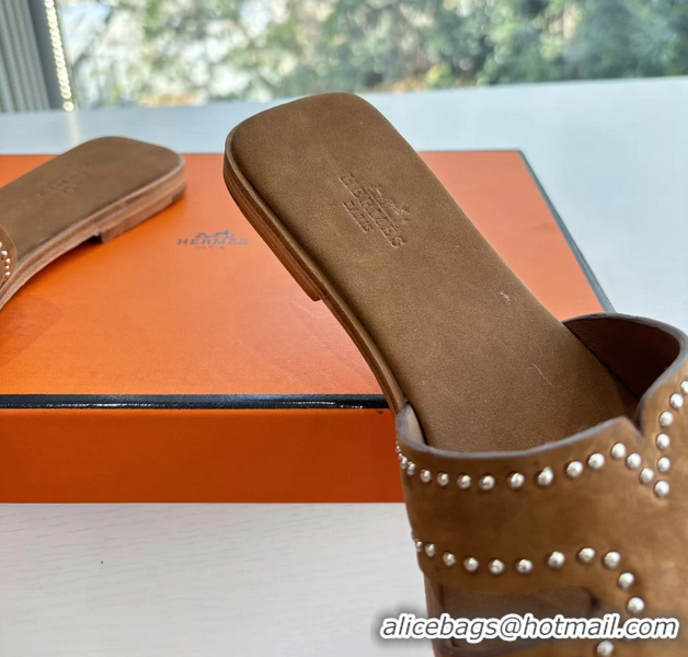 Feminine Hermes Oran Studded Flat Slides Sandals Brown Suede Leather 6052706