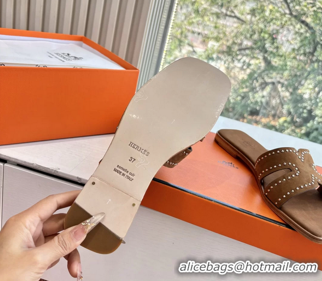 Feminine Hermes Oran Studded Flat Slides Sandals Brown Suede Leather 6052706