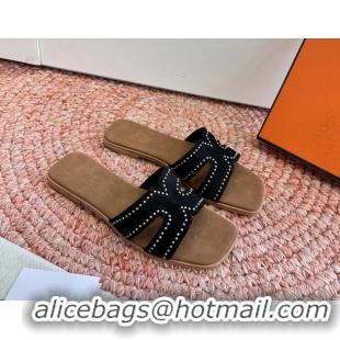Unique Style Hermes Oran Studded Flat Slides Sandals Black Suede Leather 6052706