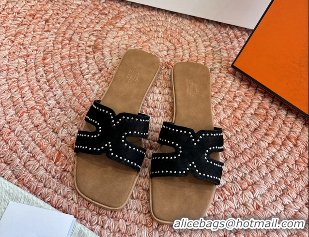 Unique Style Hermes Oran Studded Flat Slides Sandals Black Suede Leather 6052706