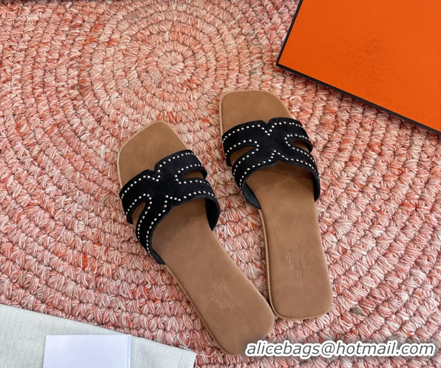 Unique Style Hermes Oran Studded Flat Slides Sandals Black Suede Leather 6052706