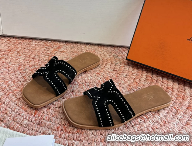 Unique Style Hermes Oran Studded Flat Slides Sandals Black Suede Leather 6052706