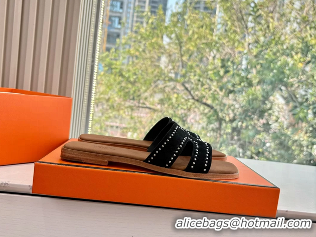Unique Style Hermes Oran Studded Flat Slides Sandals Black Suede Leather 6052706