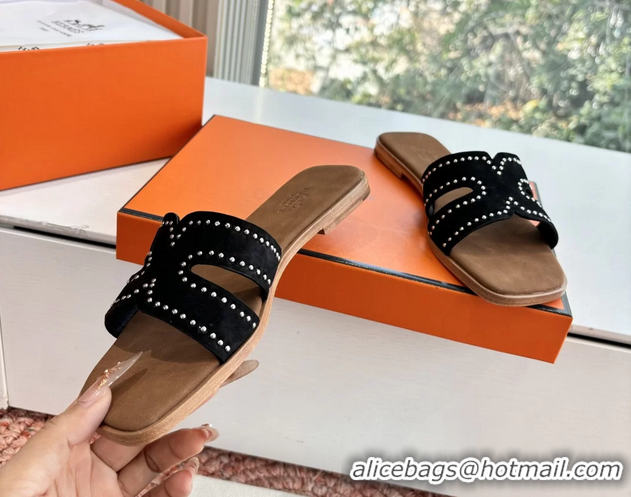 Unique Style Hermes Oran Studded Flat Slides Sandals Black Suede Leather 6052706