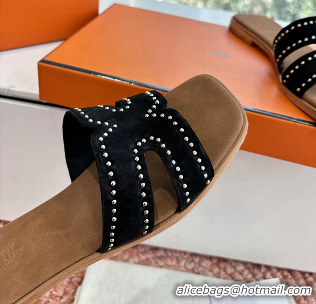 Unique Style Hermes Oran Studded Flat Slides Sandals Black Suede Leather 6052706