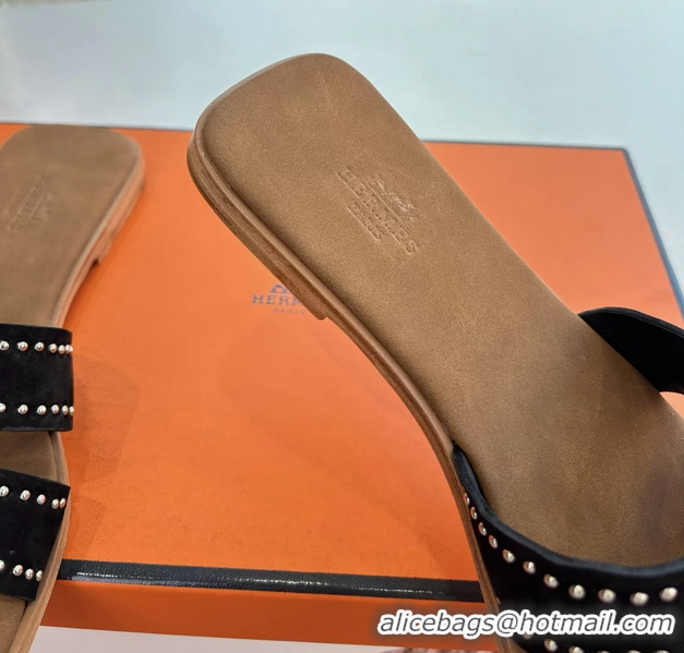Unique Style Hermes Oran Studded Flat Slides Sandals Black Suede Leather 6052706
