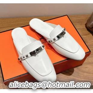 Good Quality Hermes OZ Flat Mules White Calfskin Leather 6052707