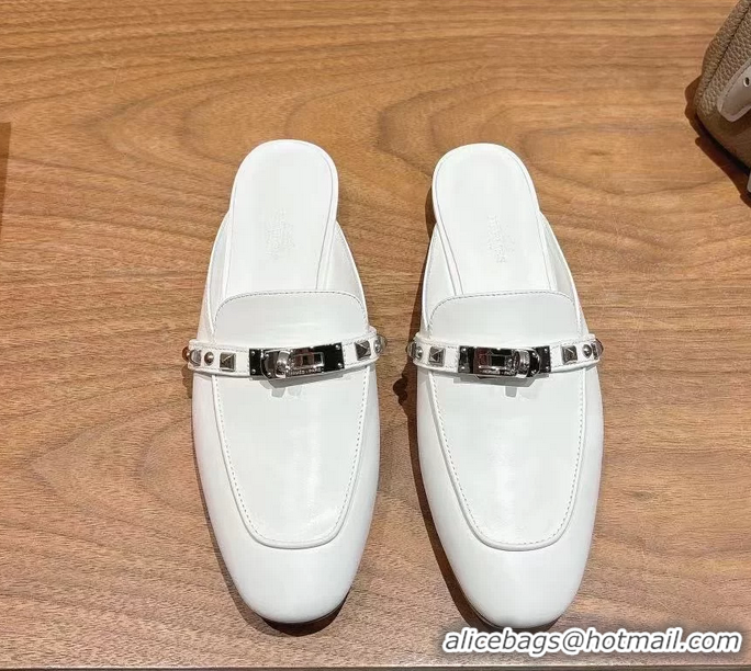 Good Quality Hermes OZ Flat Mules White Calfskin Leather 6052707