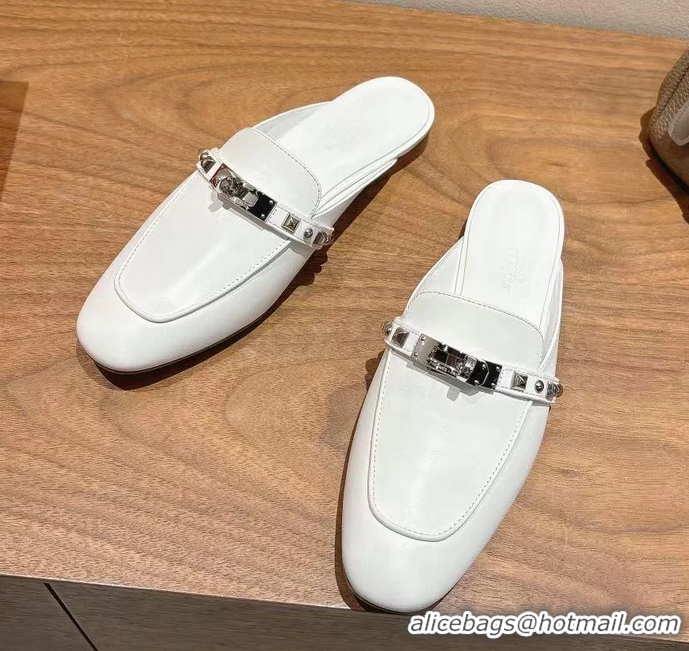 Good Quality Hermes OZ Flat Mules White Calfskin Leather 6052707