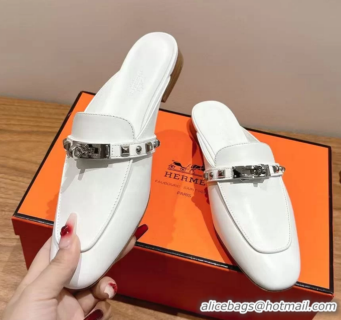 Good Quality Hermes OZ Flat Mules White Calfskin Leather 6052707