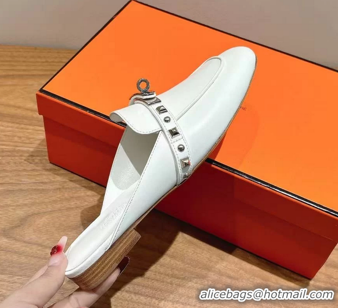 Good Quality Hermes OZ Flat Mules White Calfskin Leather 6052707