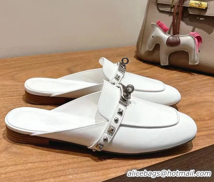 Good Quality Hermes OZ Flat Mules White Calfskin Leather 6052707