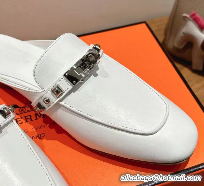 Good Quality Hermes OZ Flat Mules White Calfskin Leather 6052707