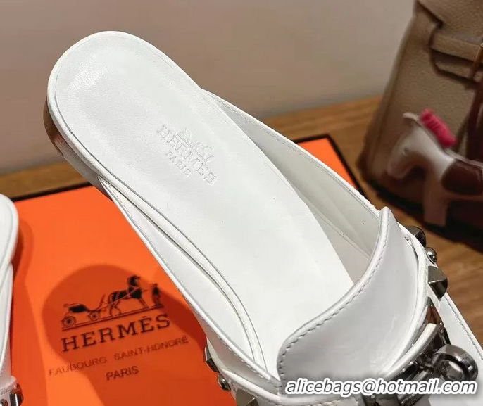 Good Quality Hermes OZ Flat Mules White Calfskin Leather 6052707