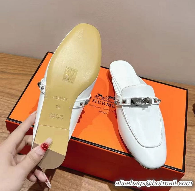 Good Quality Hermes OZ Flat Mules White Calfskin Leather 6052707