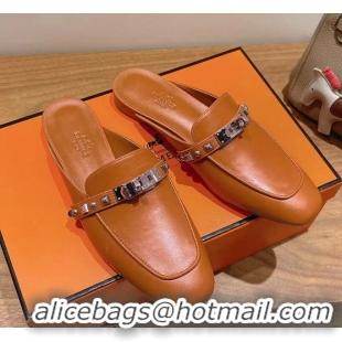 Classic Hermes OZ Flat Mules Brown Calfskin Leather 6052707