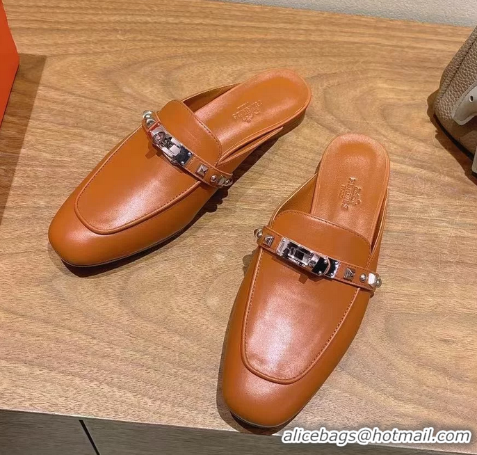 Classic Hermes OZ Flat Mules Brown Calfskin Leather 6052707
