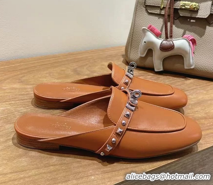 Classic Hermes OZ Flat Mules Brown Calfskin Leather 6052707