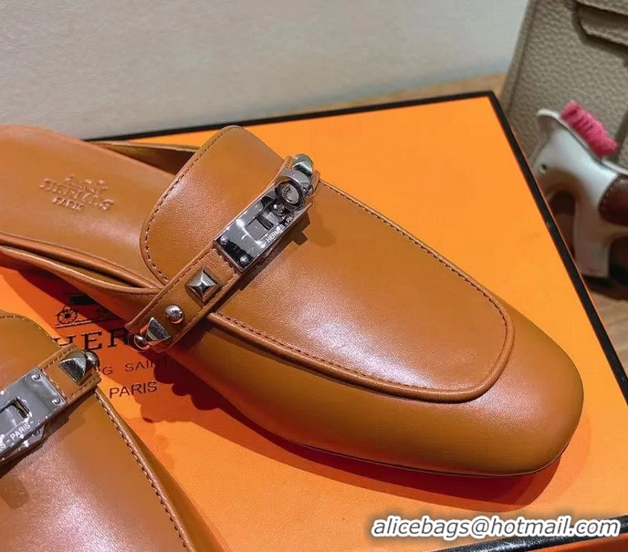 Classic Hermes OZ Flat Mules Brown Calfskin Leather 6052707