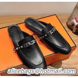 Lowest Cost Hermes OZ Flat Mules Black Calfskin Leather 6052707