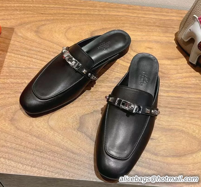 Lowest Cost Hermes OZ Flat Mules Black Calfskin Leather 6052707