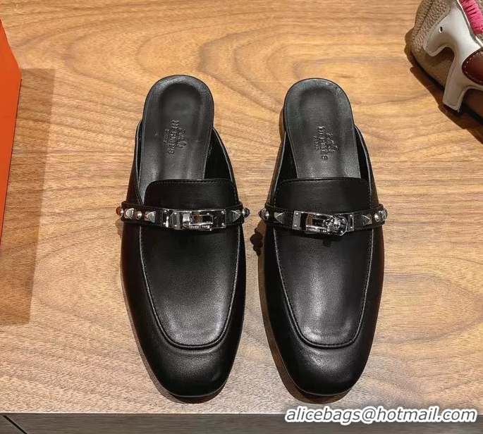 Lowest Cost Hermes OZ Flat Mules Black Calfskin Leather 6052707