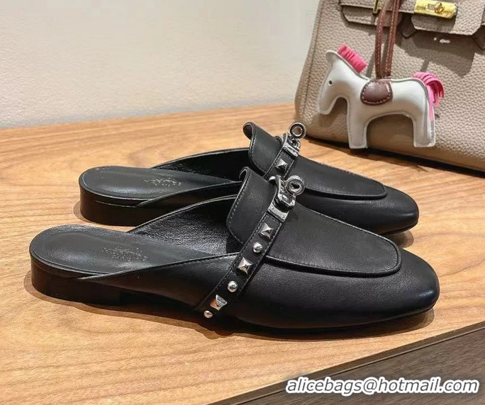Lowest Cost Hermes OZ Flat Mules Black Calfskin Leather 6052707