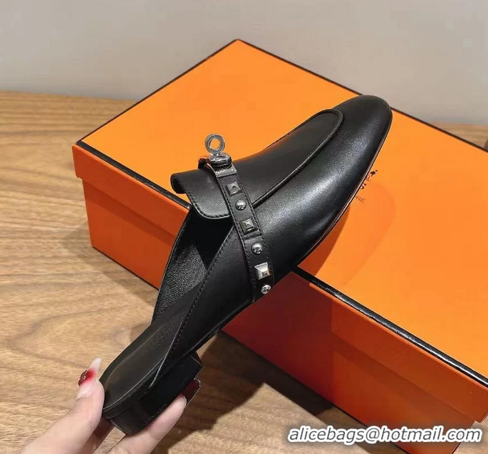 Lowest Cost Hermes OZ Flat Mules Black Calfskin Leather 6052707