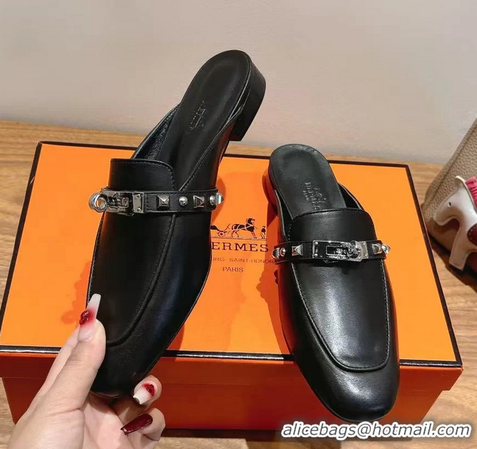 Lowest Cost Hermes OZ Flat Mules Black Calfskin Leather 6052707