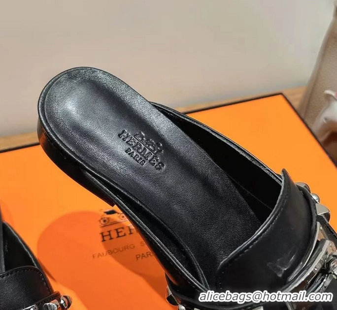 Lowest Cost Hermes OZ Flat Mules Black Calfskin Leather 6052707
