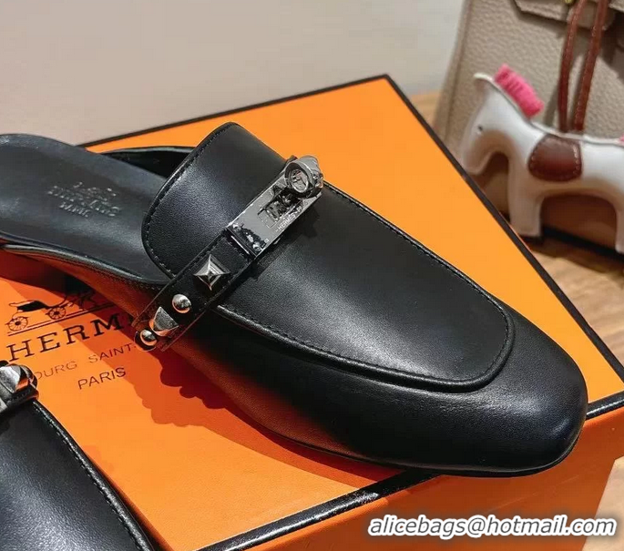 Lowest Cost Hermes OZ Flat Mules Black Calfskin Leather 6052707