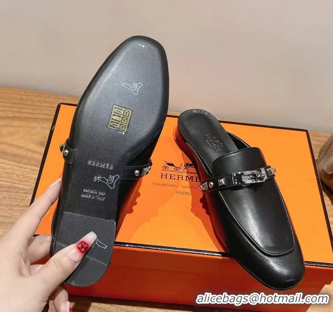 Lowest Cost Hermes OZ Flat Mules Black Calfskin Leather 6052707