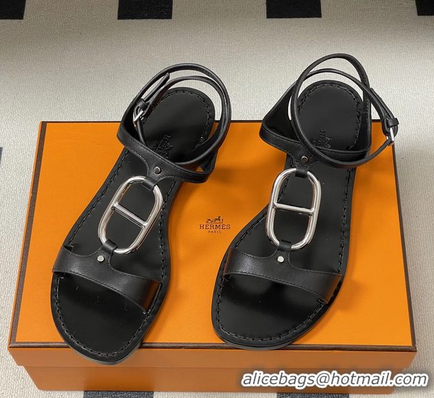 Lowest Price Hermes Marinella Black Leather Sandals 6052708