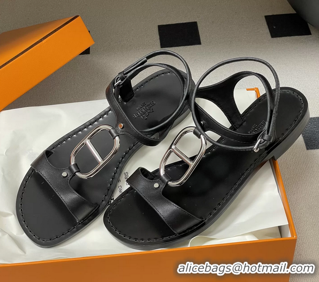 Lowest Price Hermes Marinella Black Leather Sandals 6052708