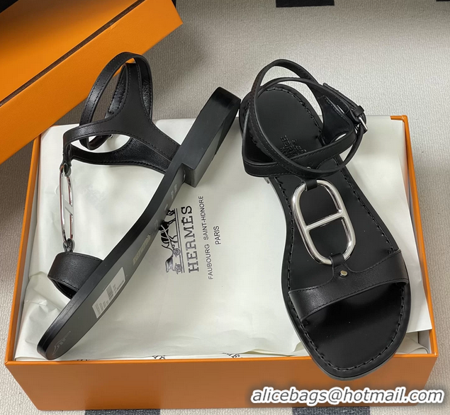 Lowest Price Hermes Marinella Black Leather Sandals 6052708