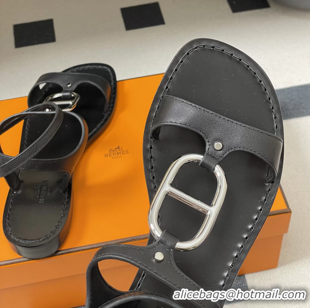 Lowest Price Hermes Marinella Black Leather Sandals 6052708