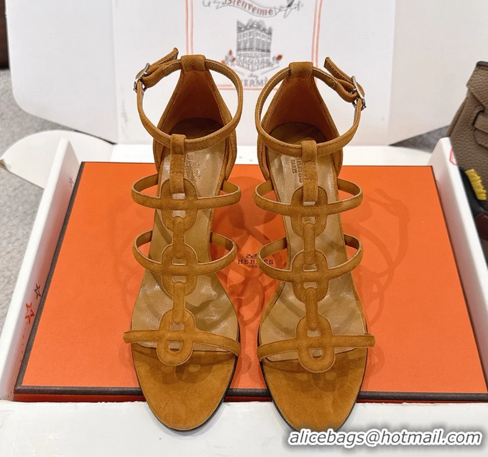 Shop Duplicate Hermes Magic High Heel Sandals Shoes Light Tan Suede Goatskin 70MM 6052709