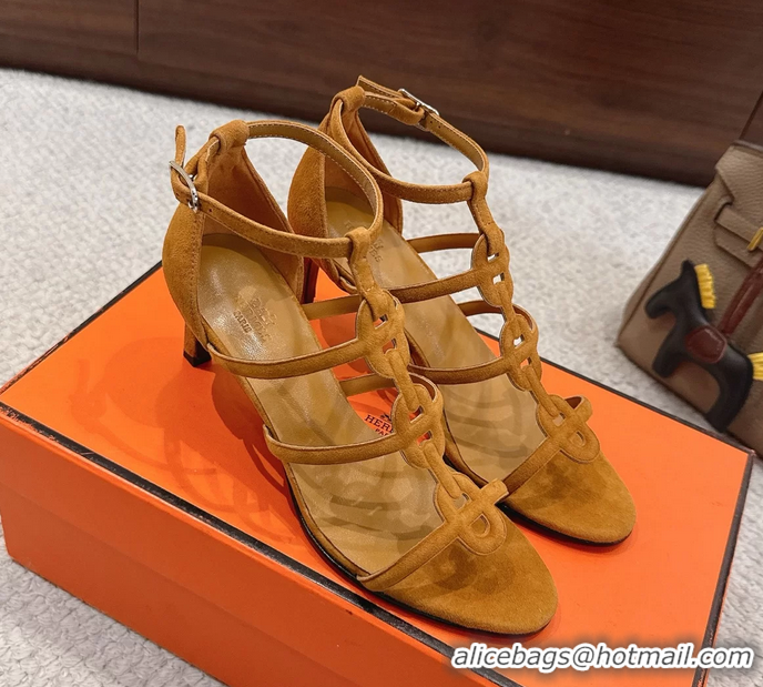 Shop Duplicate Hermes Magic High Heel Sandals Shoes Light Tan Suede Goatskin 70MM 6052709