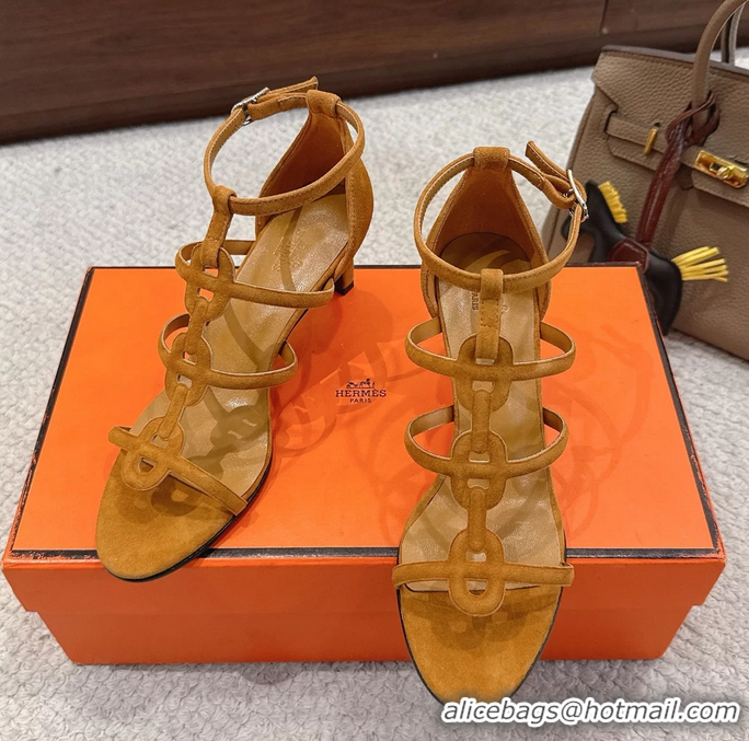 Shop Duplicate Hermes Magic High Heel Sandals Shoes Light Tan Suede Goatskin 70MM 6052709