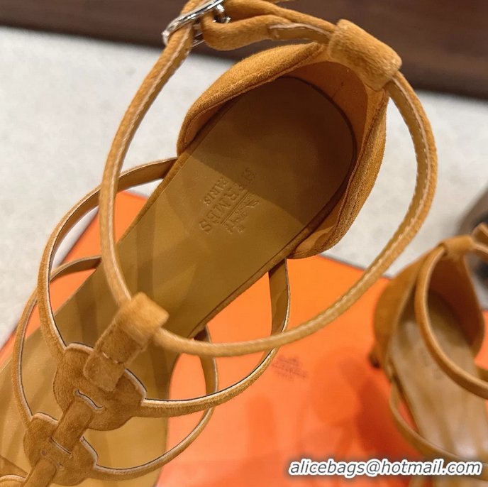 Shop Duplicate Hermes Magic High Heel Sandals Shoes Light Tan Suede Goatskin 70MM 6052709