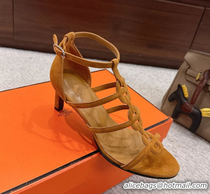 Shop Duplicate Hermes Magic High Heel Sandals Shoes Light Tan Suede Goatskin 70MM 6052709