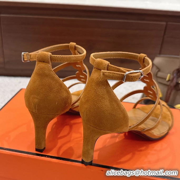 Shop Duplicate Hermes Magic High Heel Sandals Shoes Light Tan Suede Goatskin 70MM 6052709