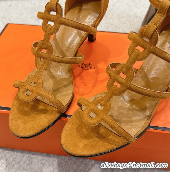 Shop Duplicate Hermes Magic High Heel Sandals Shoes Light Tan Suede Goatskin 70MM 6052709