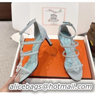 Stylish Hermes Magic High Heel Sandals Shoes Light Blue Suede Goatskin 70MM 6052709