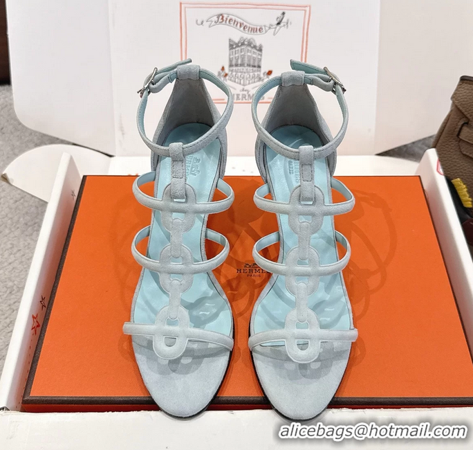 Stylish Hermes Magic High Heel Sandals Shoes Light Blue Suede Goatskin 70MM 6052709