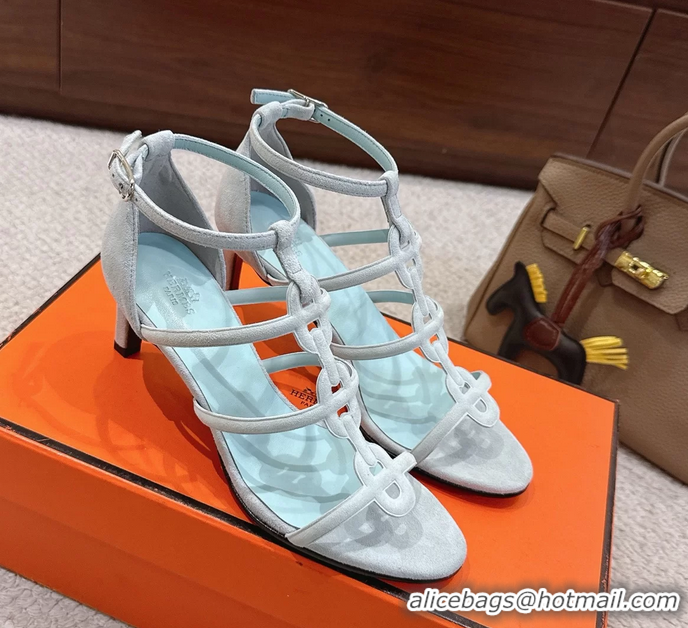 Stylish Hermes Magic High Heel Sandals Shoes Light Blue Suede Goatskin 70MM 6052709
