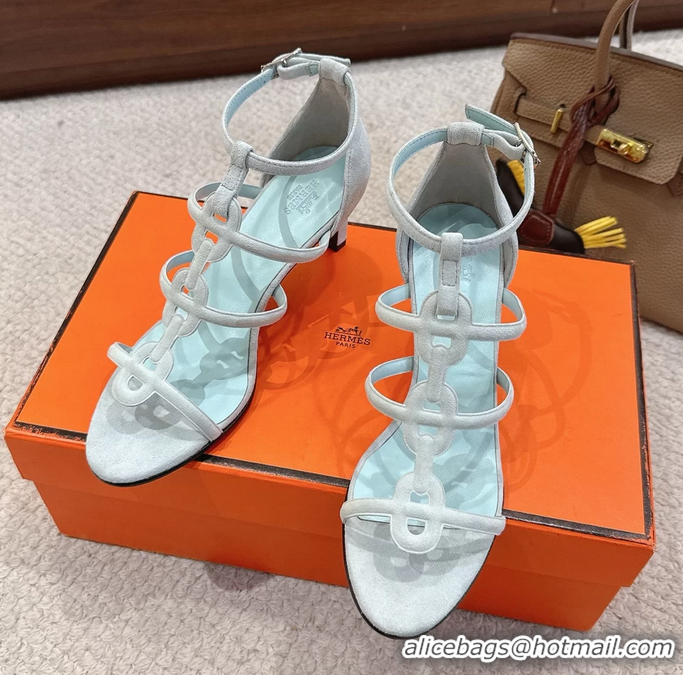 Stylish Hermes Magic High Heel Sandals Shoes Light Blue Suede Goatskin 70MM 6052709