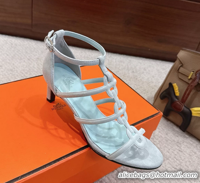 Stylish Hermes Magic High Heel Sandals Shoes Light Blue Suede Goatskin 70MM 6052709